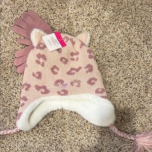 Elle Pink Leopard Knit Hat and Glove Set